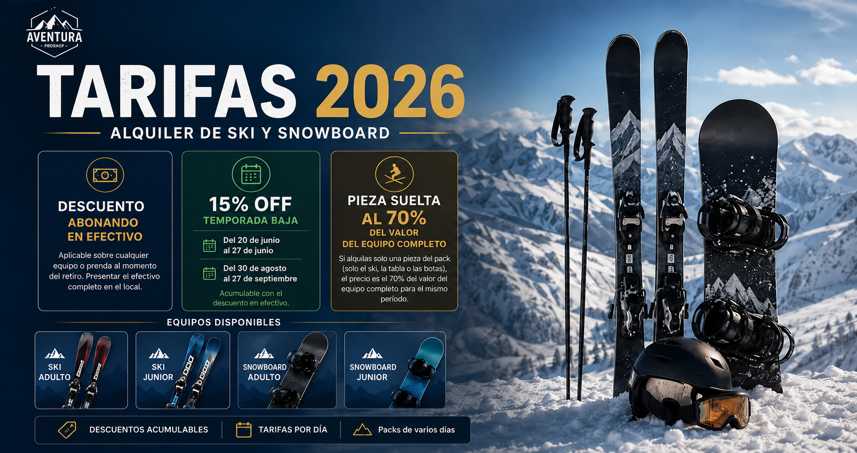 Cartel de tarifas 2026 — Aventura Pro Shop, Villa La Angostura